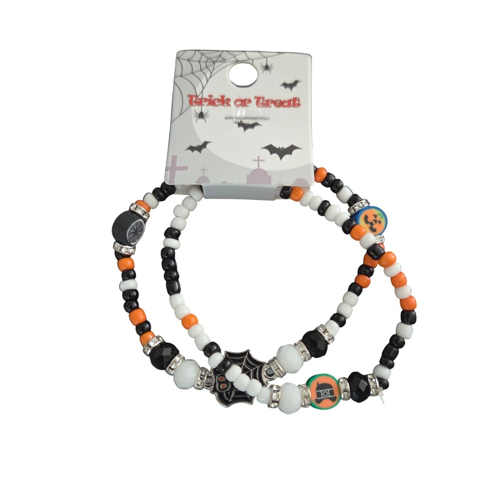 Halloween Bracelet Set Trick or Treat Spider Web‎ Pumpkin Charm Beads